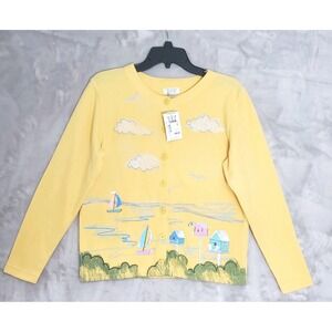 Vtg Christopher & Banks Sea Shore Cardigan Womens S Yellow Sailboats Beach NWT
